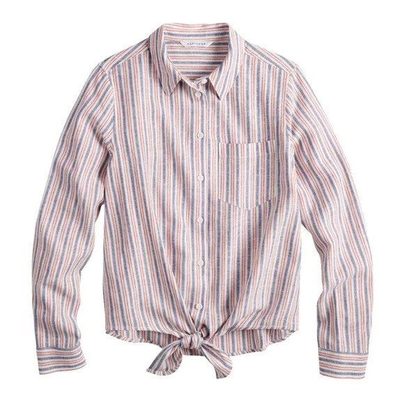 Knot Tie Front Linen Blend Button Down Shirt Striped Top Size Medium Everyday - Picture 1 of 12